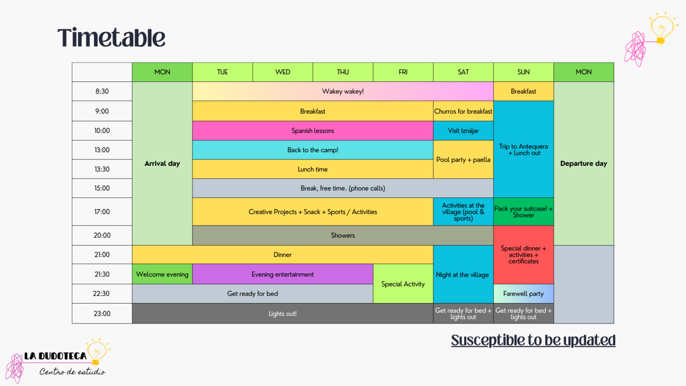 Illustrative Timetable Dud Summer Camp